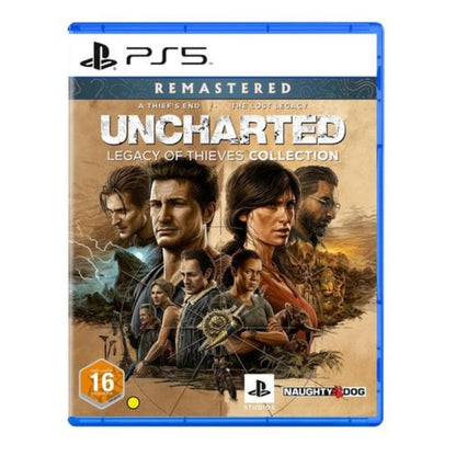 PlayStation 5 game disc cover for 'Uncharted: Legacy of Thieves Collection' Remastered on a white background.
