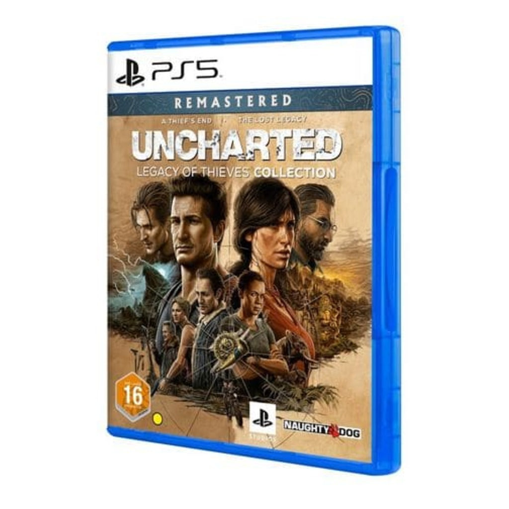 PlayStation 5 game case for 'Uncharted: Legacy of Thieves Collection' with characters on the cover.