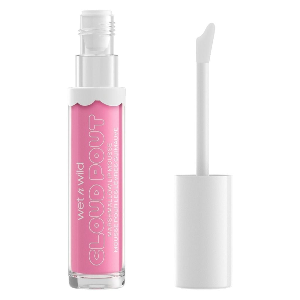 Pink lip gloss with applicator on a white background