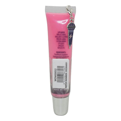 Pink lip gloss tube with a keychain on a white background