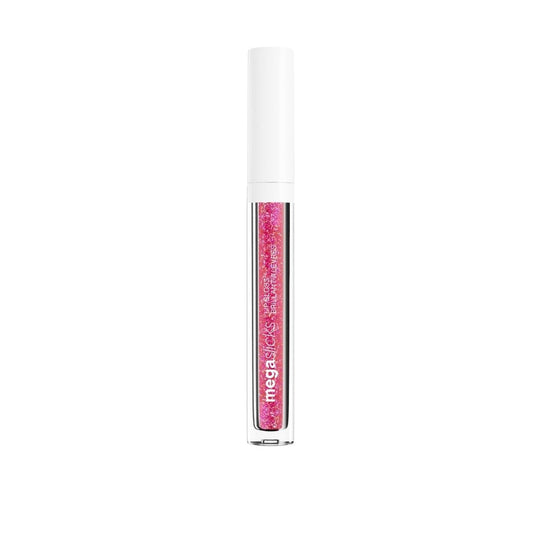Lip gloss with pink shade and 'megagloss' branding on a white background