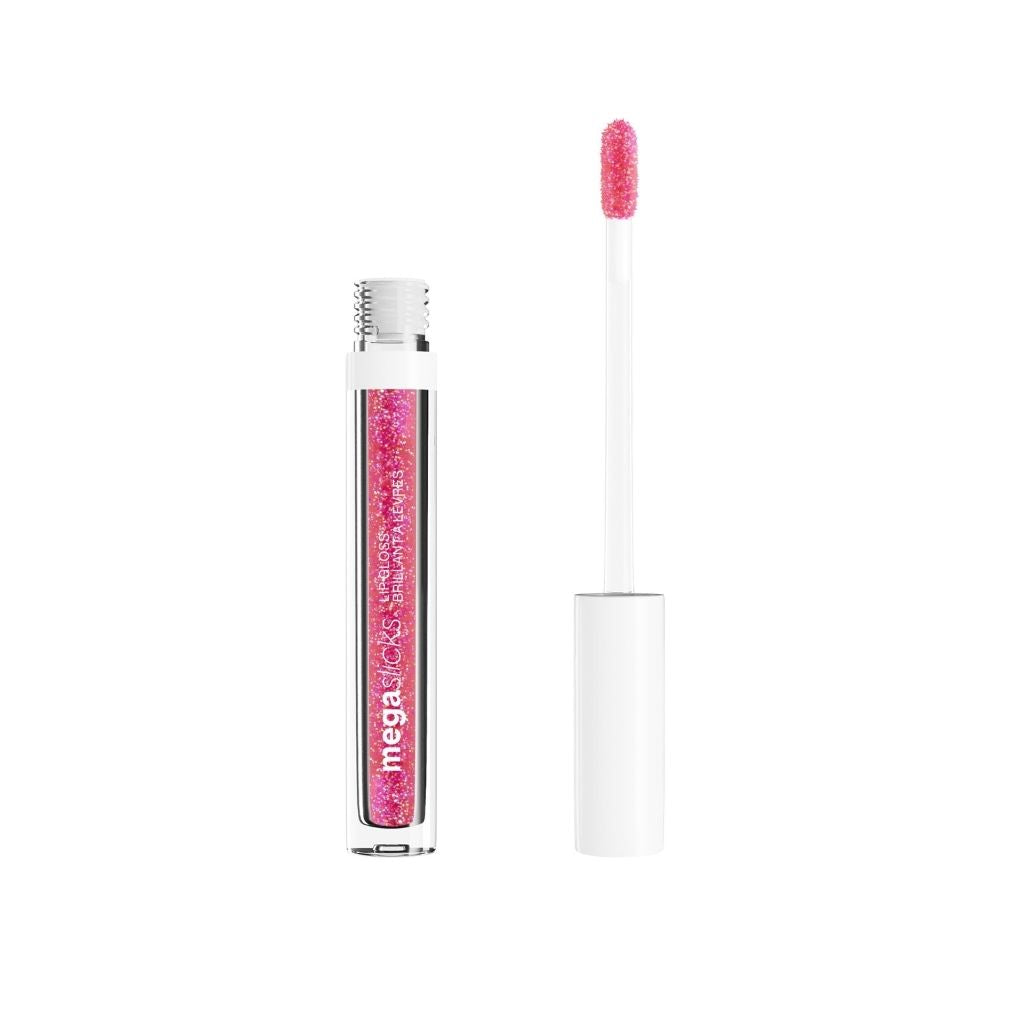 Lip gloss with pink glittery formula on a white background