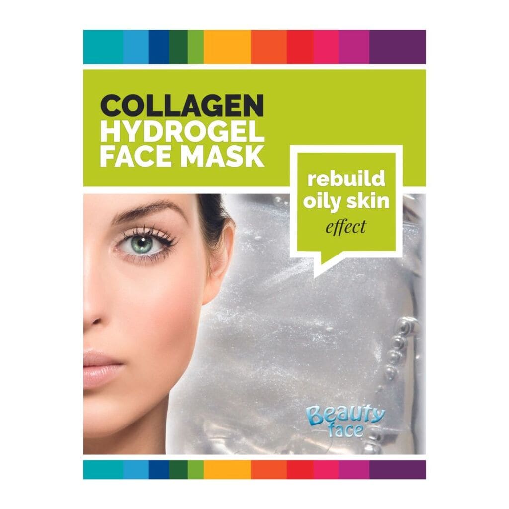 Collagen hydrogel face mask packaging with a model on a white background