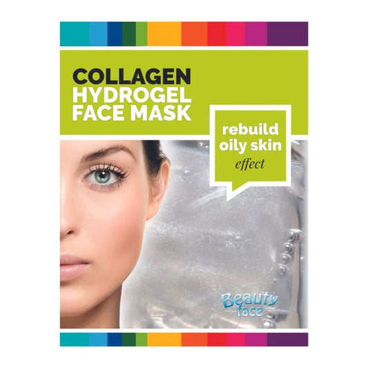 Collagen hydrogel face mask packaging with a model on a white background