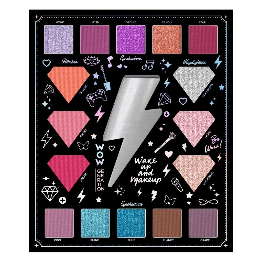 Makeup palette with colorful shades and decorative elements on a black background