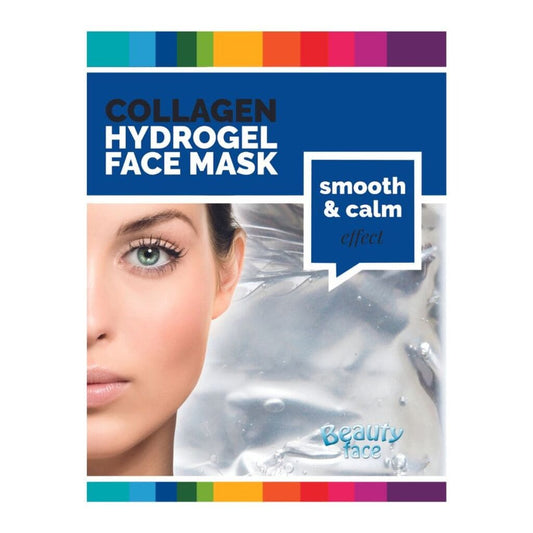 Collagen hydrogel face mask packaging with a woman's face and water droplets on a white background.