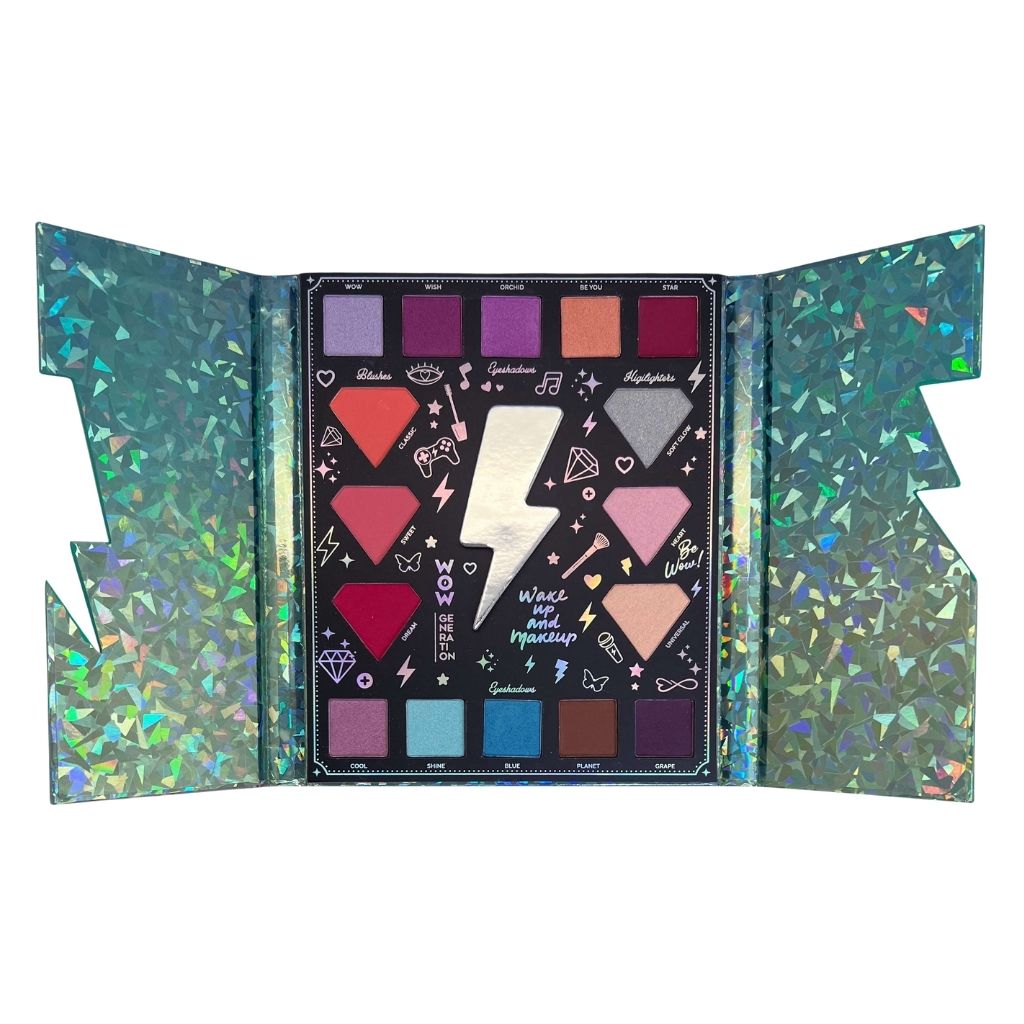 Makeup palette with colorful shades and decorative elements on a white background