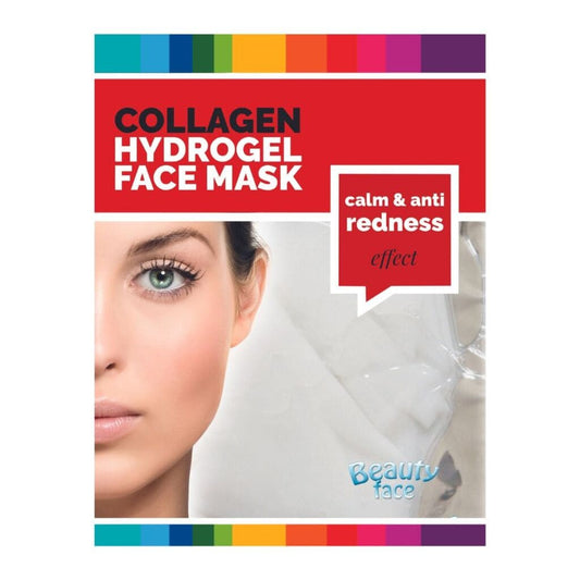 Collagen hydrogel face mask packaging with a woman's face and text on a white background