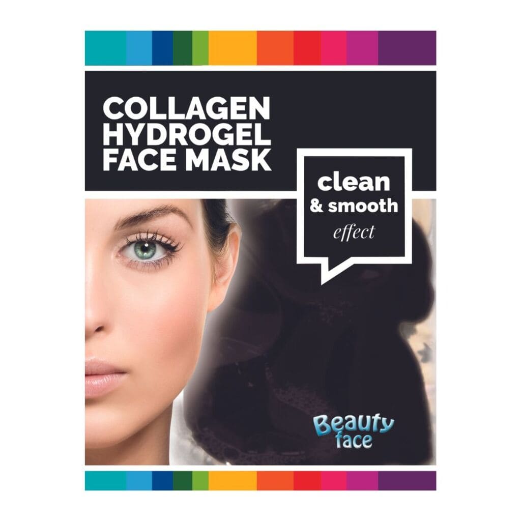 Collagen hydrogel face mask packaging with a woman's face and text on a white background
