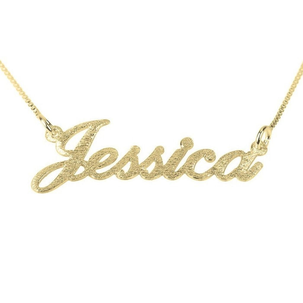 Gold necklace with 'Jessica' pendant on a white background