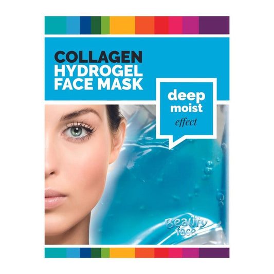 Collagen hydrogel face mask packaging with a woman's face and blue gel pack.