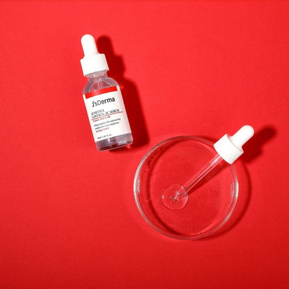 SsDerma skincare serum bottle with dropper on a red background