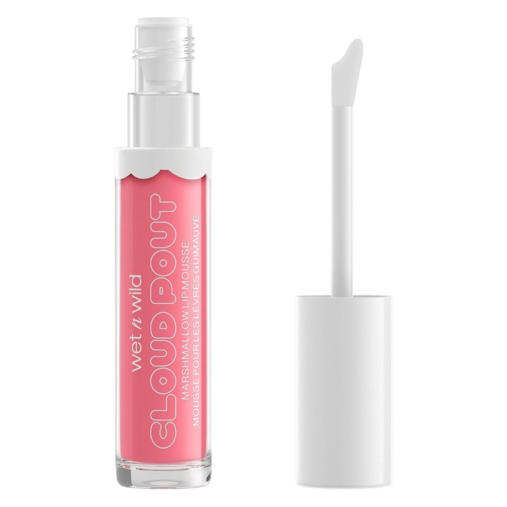 Pink lip gloss with applicator on a white background