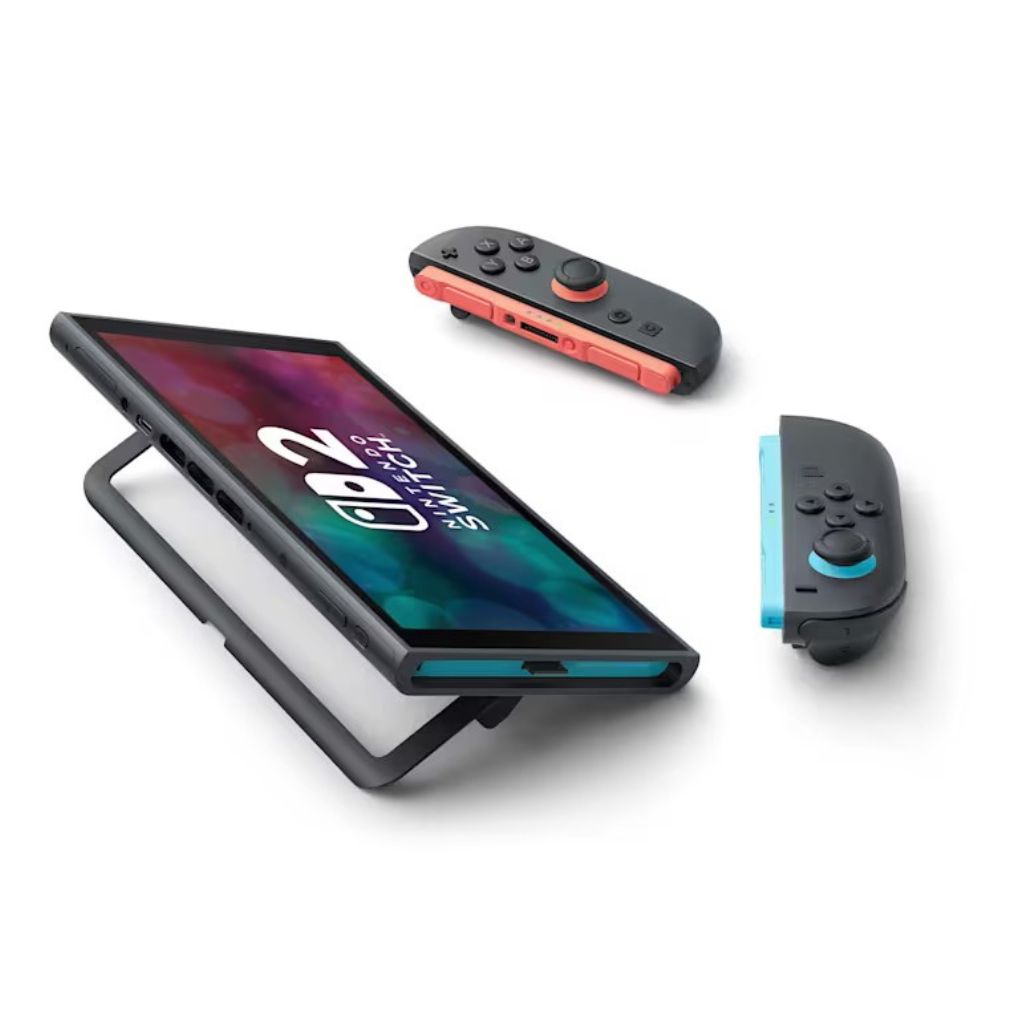 Nintendo Switch console with two controllers on a white background