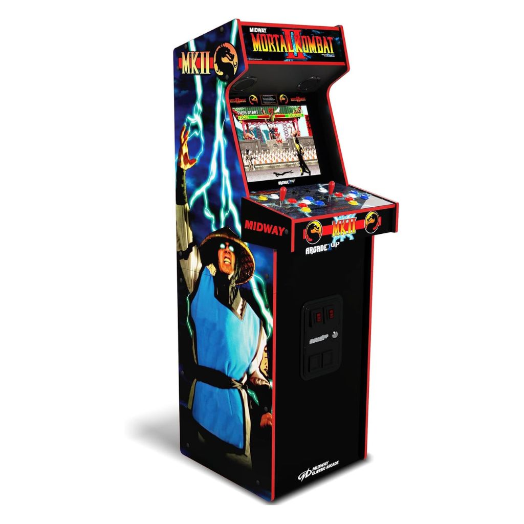 Mortal Kombat arcade machine with colorful graphics on a white background