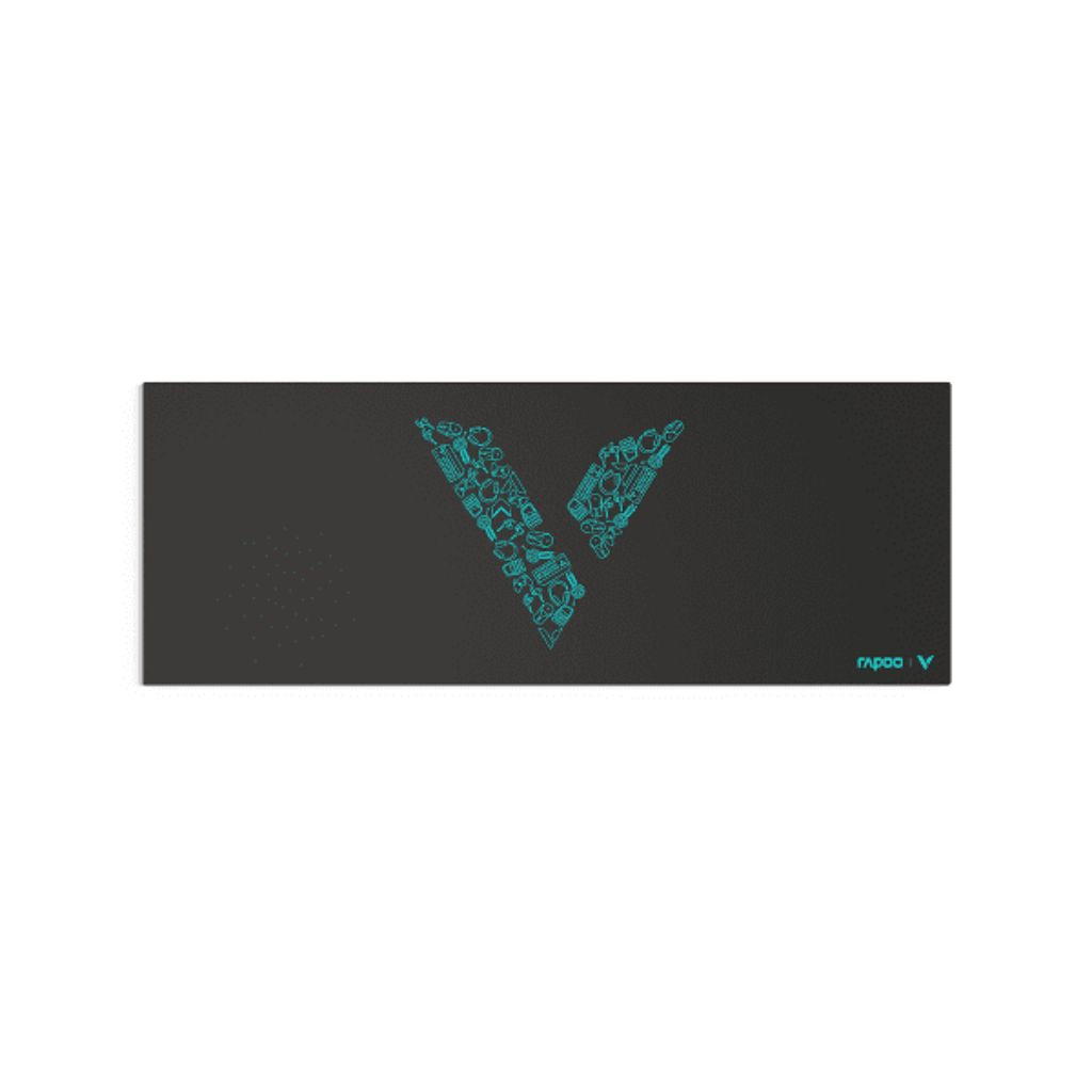 Black mouse pad with a large turquoise 'V' logo on a white background