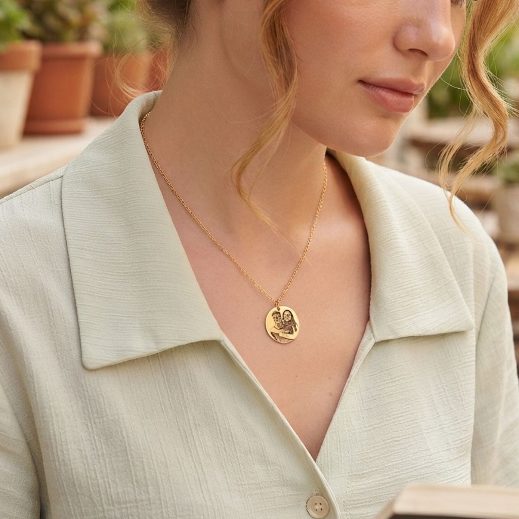 Engraved Photo Single Round Disc Necklace