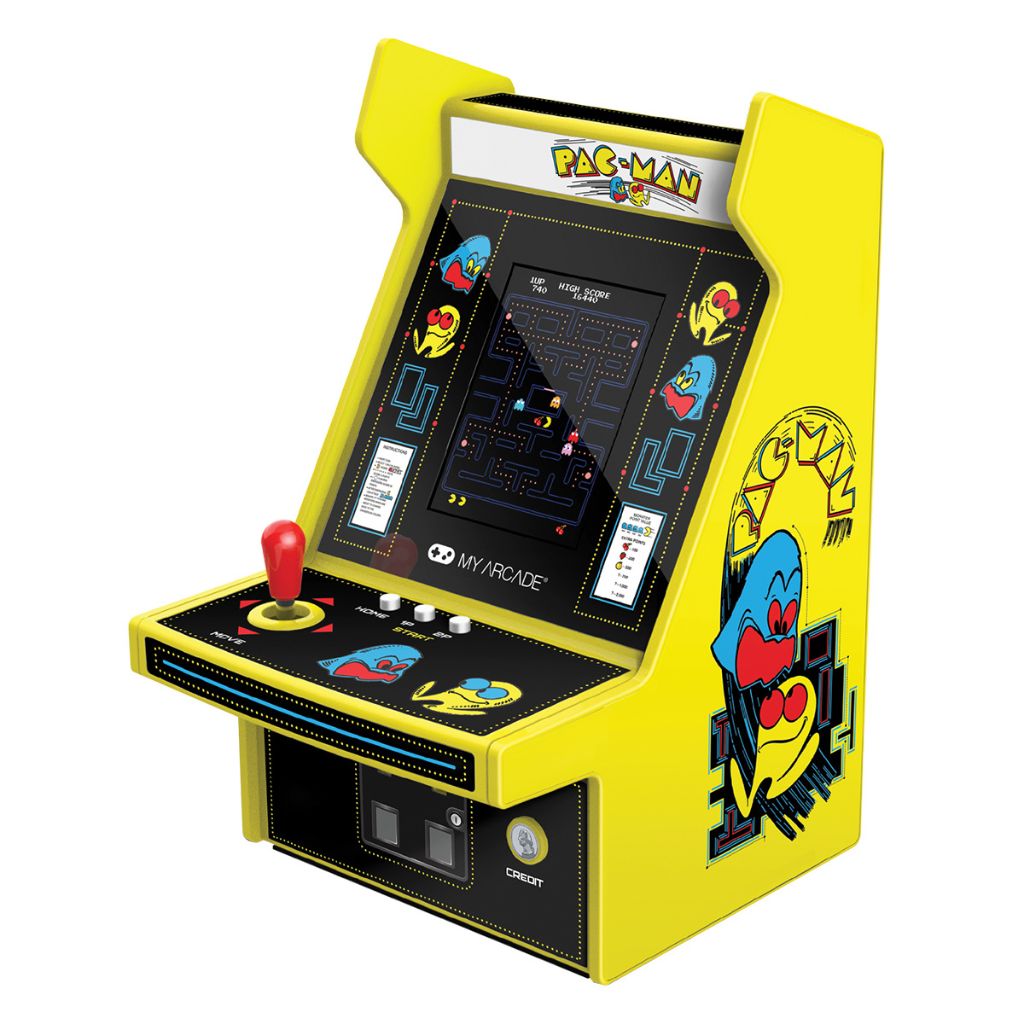 Pac-Man arcade machine with yellow casing on a white background