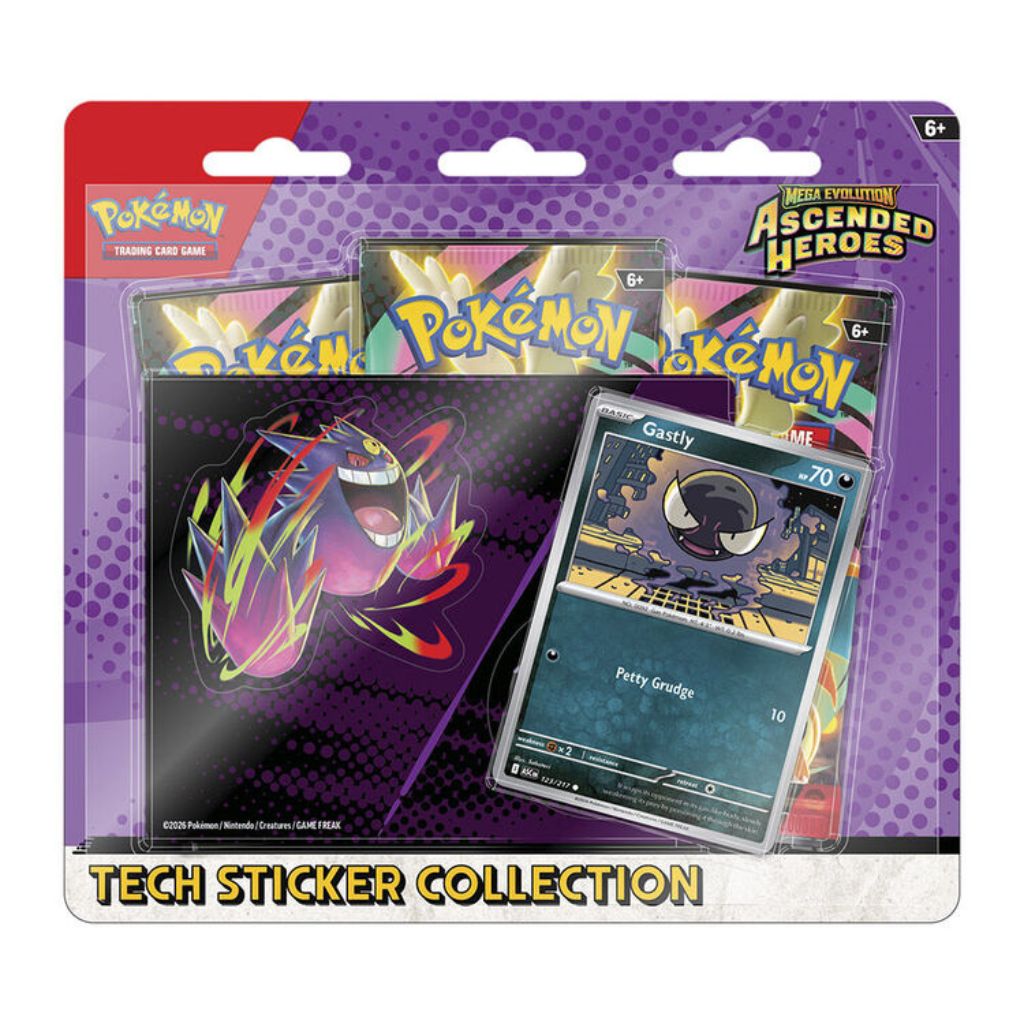 Pokémon trading card game pack with cards and stickers on a purple and red background
