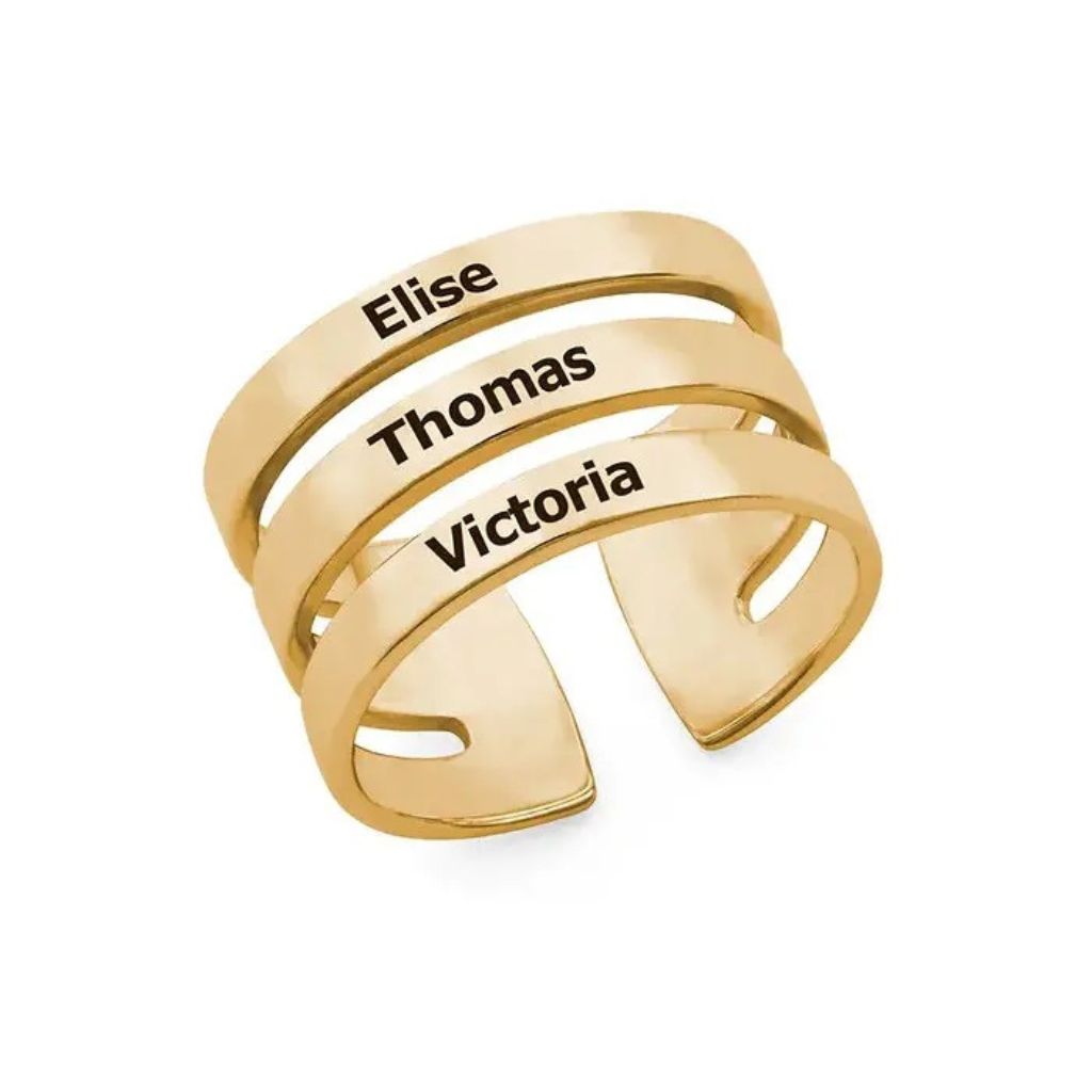 Gold ring with engraved names on a white background