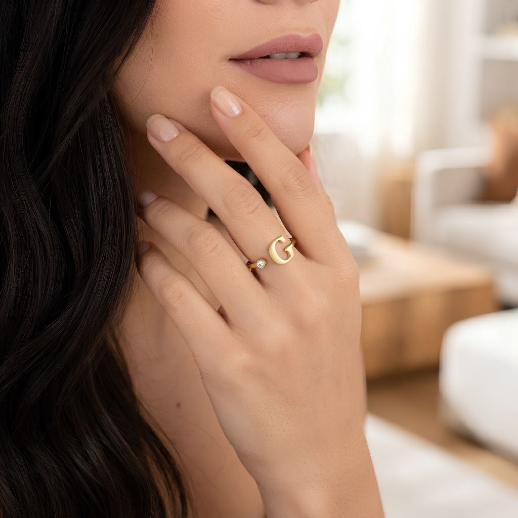 Engraved Birthstone Initial Letter Ring