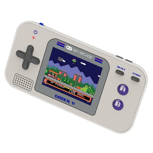 Handheld gaming console with screen displaying 'My Arcade' game on a white background