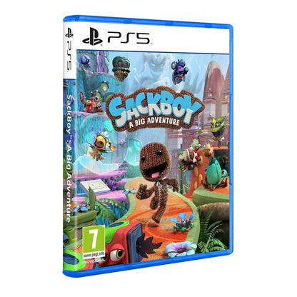 PlayStation 5 game case for 'Sackboy: A Big Adventure' with colorful graphics and character illustration.