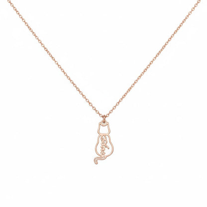 Rose gold necklace with a cat-shaped pendant on a white background