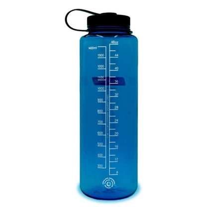 Blue water bottle with black cap on a white background
