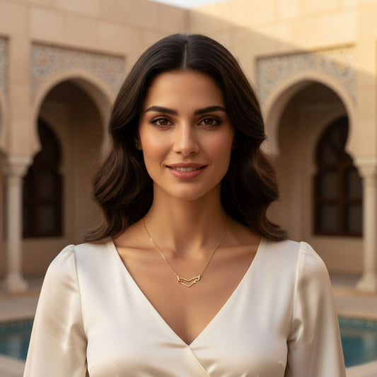 Woman wearing a white dress with a gold necklace in an architectural setting