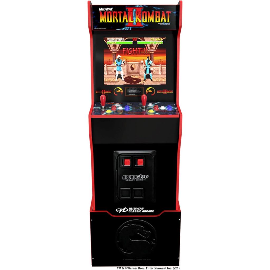 Arcade machine featuring 'Mortal Kombat II' on a white background