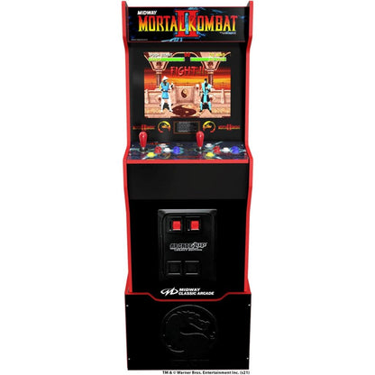 Arcade machine featuring 'Mortal Kombat II' on a white background