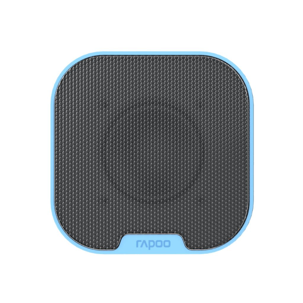 Black textured mouse pad with blue border and Rapoo branding on a white background
