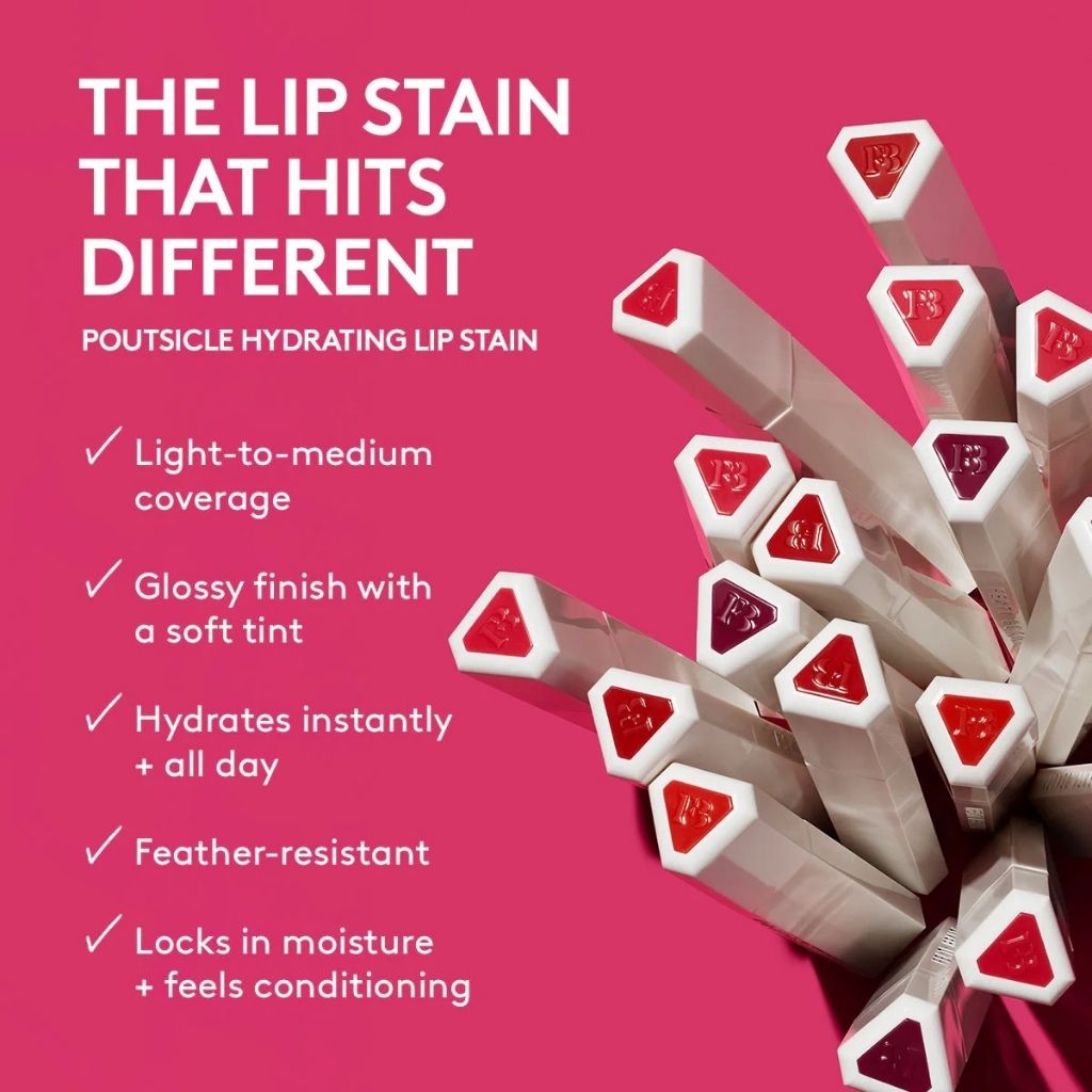Poutsicle hydrating lip stain with product features on a pink background