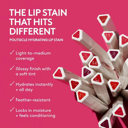 Poutsicle hydrating lip stain with product features on a pink background