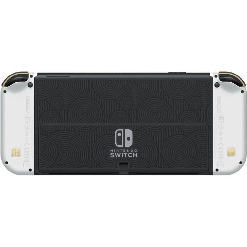 Back view of a Nintendo Switch console with a black patterned back panel.