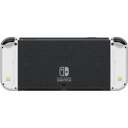 Back view of a Nintendo Switch console with a black patterned back panel.