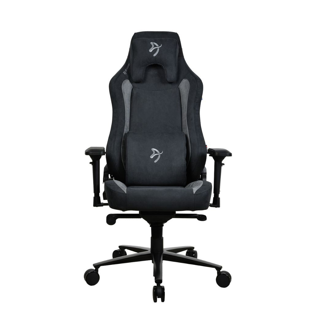 Black gaming chair with gray accents on a white background