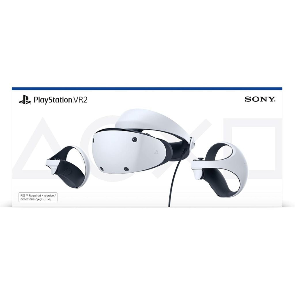 PlayStation VR2 headset with controllers on a white background, featuring Sony branding.