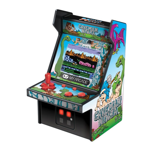 Miniature arcade game machine with colorful graphics on a white background