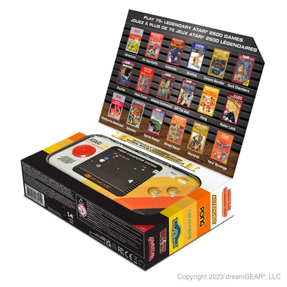 Box of a retro-style handheld gaming console with classic games displayed on the cover.