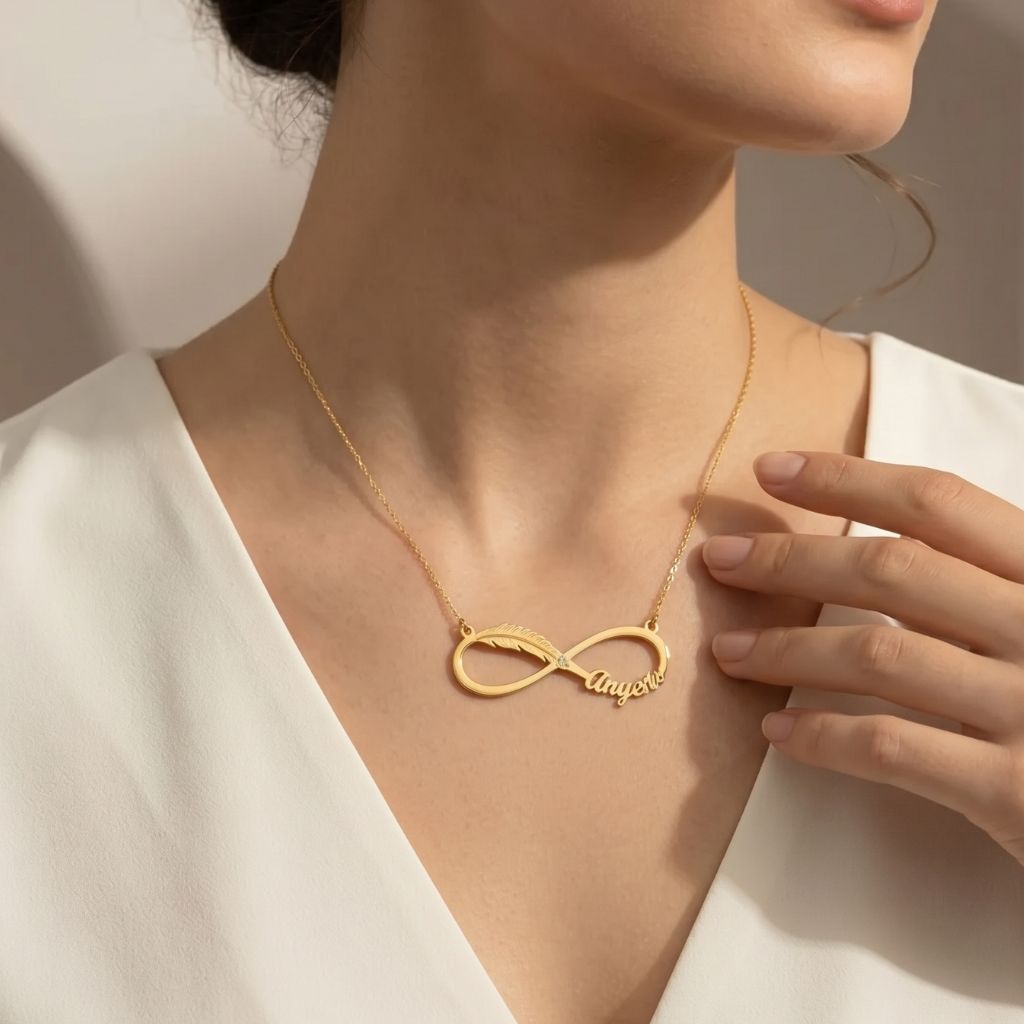 Infinity Feather Design Name Necklace