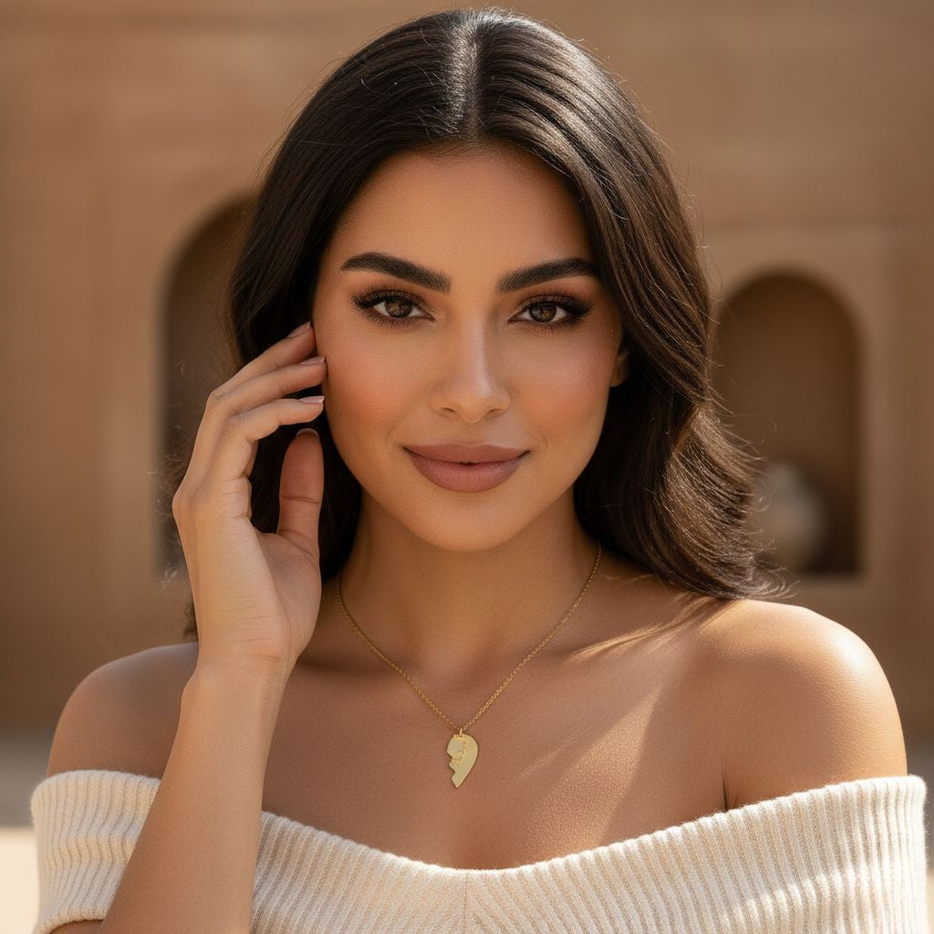 Arabic Name Split Heart Pendant Necklace Set