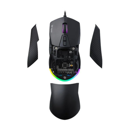 Gaming mouse with open side panel showing internal components on a white background