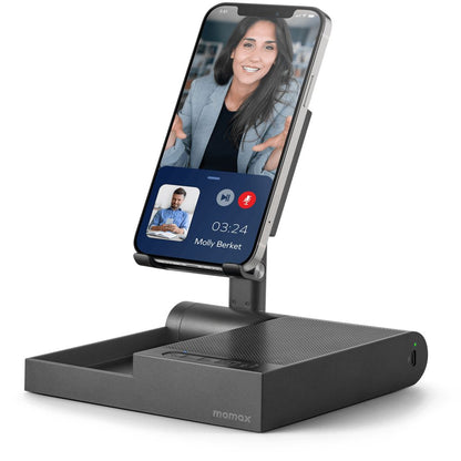 Phone dock with screen displaying a video call interface on a white background