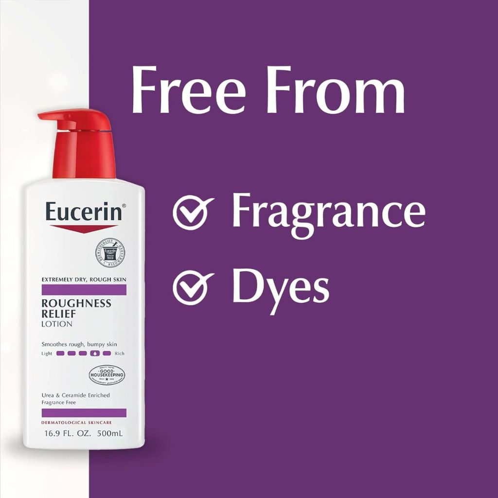 Eucerin Roughness Relief Lotion bottle with 'Free From Fragrance' and 'Dyes' text on a purple background