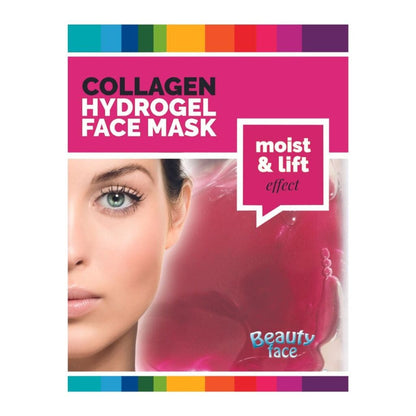 Collagen hydrogel face mask packaging with a woman's face and product image on a white background.