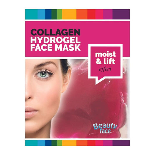 Collagen hydrogel face mask packaging with a woman's face and product image on a white background.