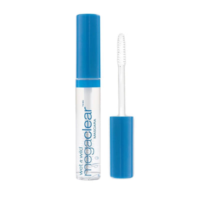 Wet n Wild MegaClear mascara with blue cap and clear tube on white background