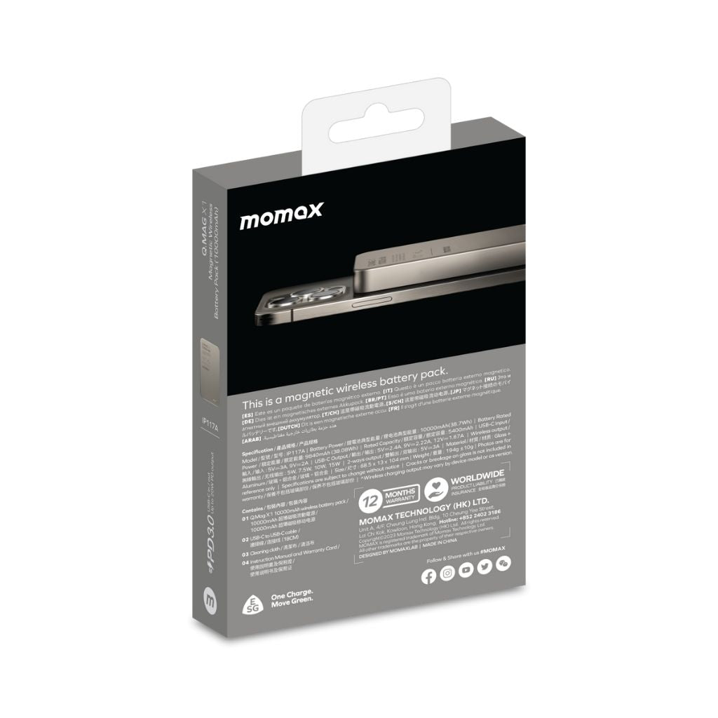 Momax Q.Mag X1 10000 mAh Gen2 15W Magsafe Wireless Power Bank
